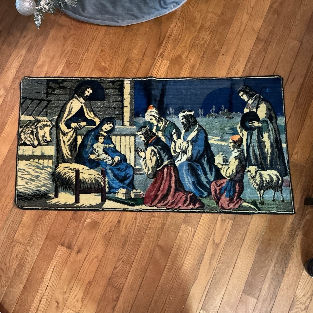 Antique Rare Embroidered Nativity‎ Curtain Panel Cloth Baby Jesus Xmas Tapestry